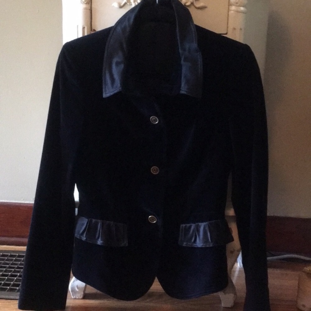 Navy Velvet Burberry Blazer with black satin trim